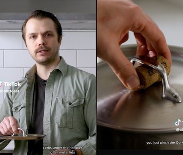 Split-screen image of a man holding a pot lid on the left and a close-up of a hand holding a pot lid with a cork under the handle on the right