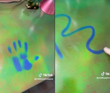 Split-screen image of someone demonstrating the effects of mood ring paint in their bathroom.