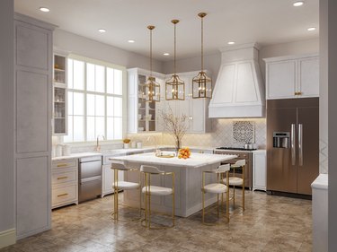 Kitchen with light gray walls and white cabinets