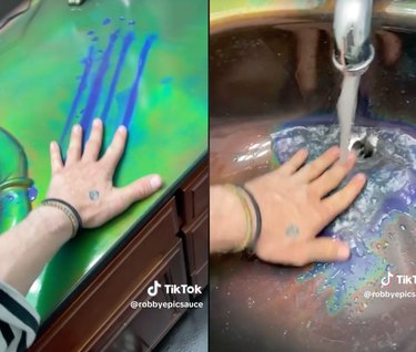 Split-screen image of someone demonstrating the effects of mood ring paint in a bathroom.