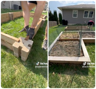 A split screenshot of a TikTok showing how to build a raised garden bed without tools
