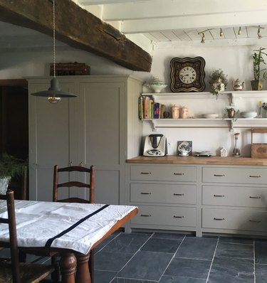 french country style kitchen with gray-green cabinets