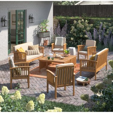 wayfair light wood patio furniture set in backyard
