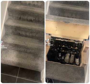 The bottom of a gray carpeted staircase. The second image is a secret under-stair storage space filled with shoes.