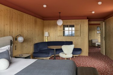 wood paneling with terra cotta color on ceiling