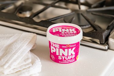 The Pink Stuff next to oven