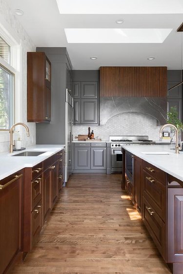 kitchen with brown and gray cabinets