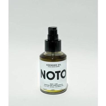 A bottle of Agender Oil from Noto Botanics against a white backdrop.