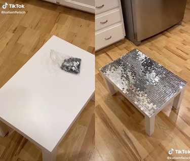 Split screen image of a white table on the right and that same table with the top covered in small mirrors on the right
