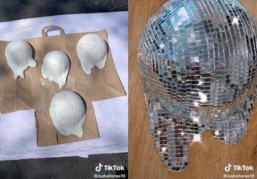 Split screen image of 4 clay balls on the left and a ball covered in small mirrors on the right