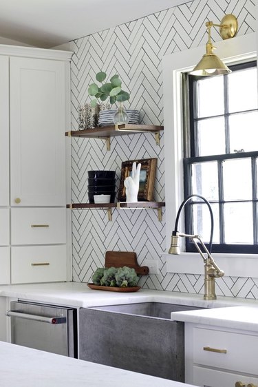 white kitchen with open shelving