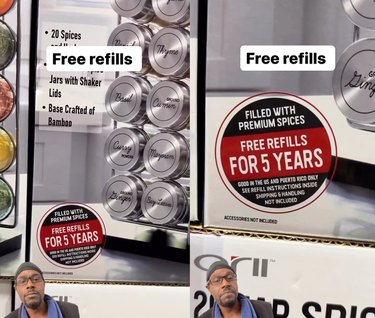 Split-screen image depicting a "free refills for 5 years" sticker on a spice rack