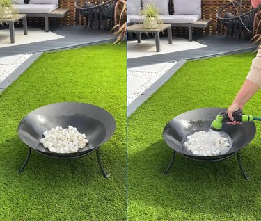 Split screen of a fire bowl filled with stones on the left and the same bowl being filled with water on the right