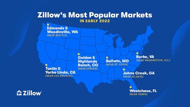 A blue map of the United States showing Zillow's most popular housing markets