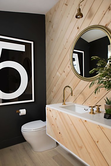 industrial bathroom backsplash with wood wall