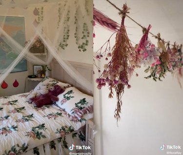 Split screen of a fairycore bed with a floral duvet on the left and hanging dried-out flowers on the right