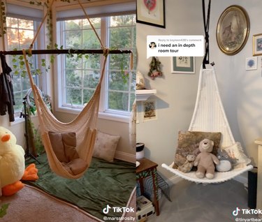 Split screen of two different hanging chair swings in bedrooms