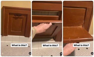 screenshots of instagram video showing hinged wood panel attached to wall
