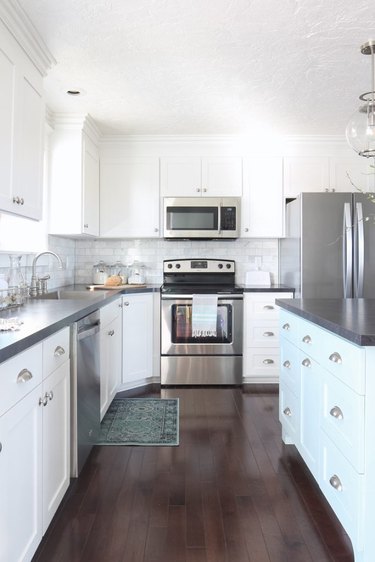 DIY laminate kitchen countertops in white kitchen