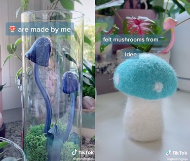 Split screen of two glass mushrooms on the left and a wool mushroom figurine on the right