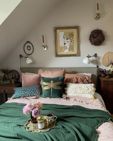 bedroom with dragonfly throw pillow