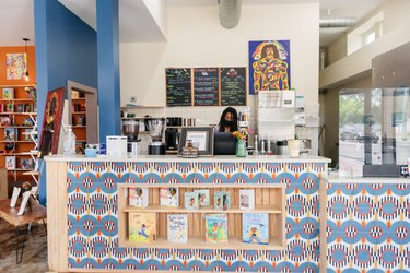 Interior of café book store with colorful tile