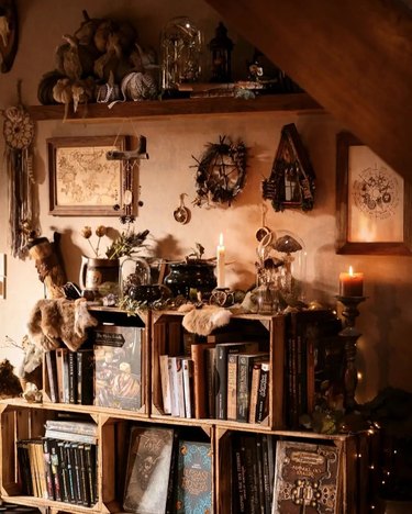 bookshelf with rustic, fairy-themed decor