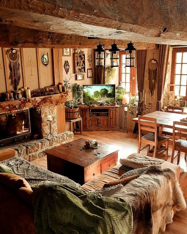 hobbit-themed rustic living room