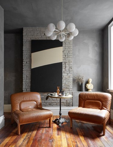 brown furniture with light gray limewash walls