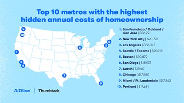 A blue, white, and black map showing the top 10 metro areas with the highest hidden annual costs of homeownership.