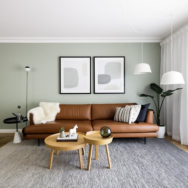 brown furniture with mint green walls