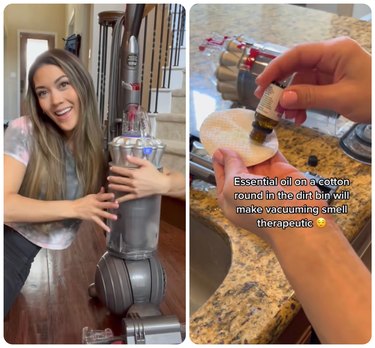 TikTok creator Mai Zimmy hugs a vacuum. A second image shows essential oil being put on a cotton round with text that reads "Essential oil on a cotton round in the dirt bin will make vacuuming smell therapeutic"