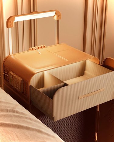 mark mitchell suitcase bedside table with light on