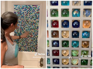 A split-screen image of a person touching a door where the glass pane is made up of colorful marbles. The second image shows a close-up of the marble door DIY.