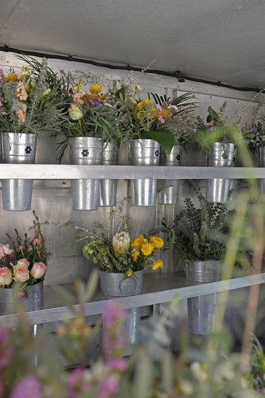 flowers in metal containers