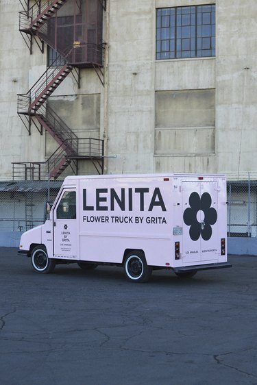 building with pink truck nearby with "Lenita" text and a black flower