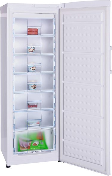 The Hamilton Beach 7-Drawer Freezer in white with its door open.