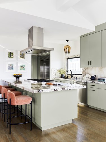 kitchen cabinets sage green color go with coral barstools