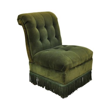 1stDibs Antique Art Deco Green Velvet Mohair Rolled Back Fringed Slipper Chair