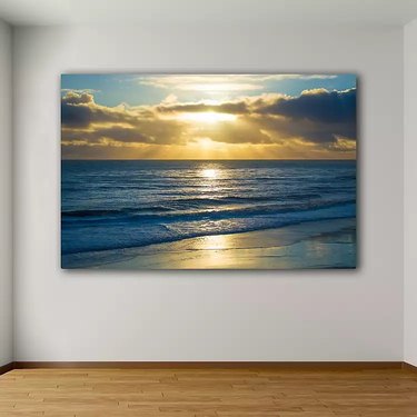 beach print with sunset and waves