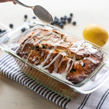 Loaf of blueberry bread in Pyrex glassware