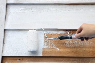 Rolling primer onto cedar shed