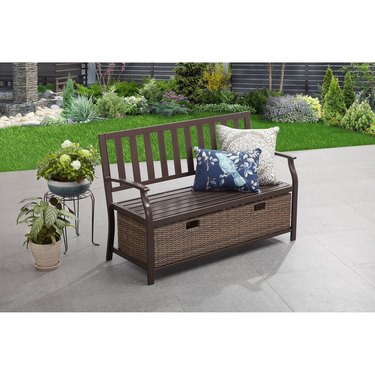 Better Homes & Gardens Camrose Farmhouse Outdoor Bench with Wicker Storage Box