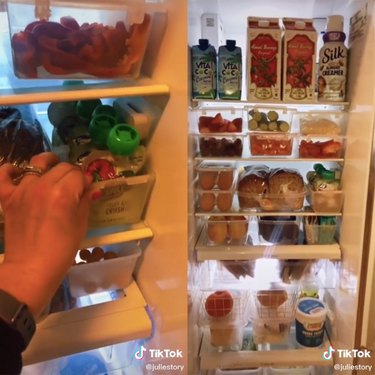 two tiktok screenshots of a person's hand in a fridge