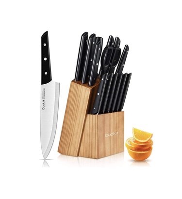 wooden knife block with knives
