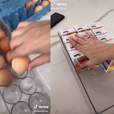 two screenshots of a tiktok showing person putting eggs in organizer and juice in organizer