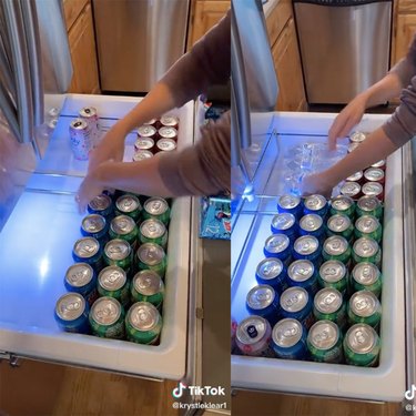 two tiktok screenshots of a person putting drinks in a fridge drawer