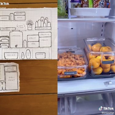 two tiktok screenshots, one of a drawing and another of the inside of a frdige