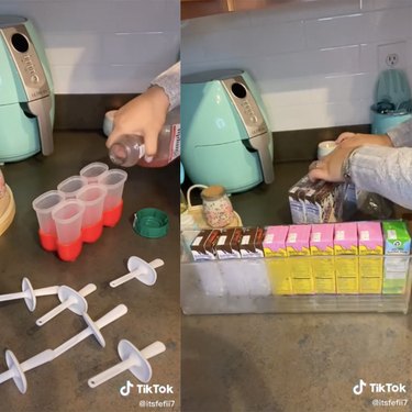 two tiktok screenshots of a person organizing things on a counter