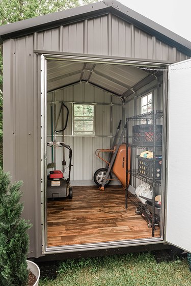 New vinyl wood-look flooring gives this shed added character and protection from muddy tools.